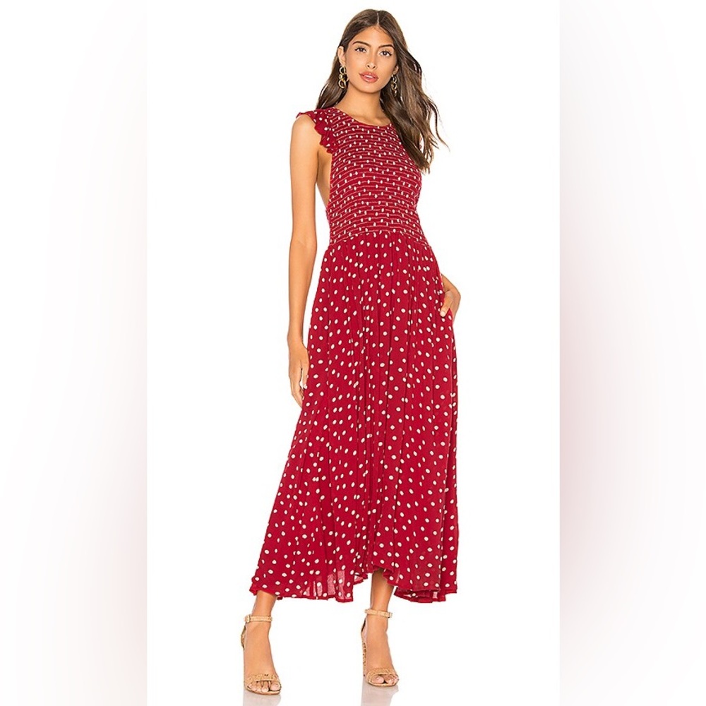 Free People | Chambray Butterflies Midi Dress | XS | Red & White Polka Dot